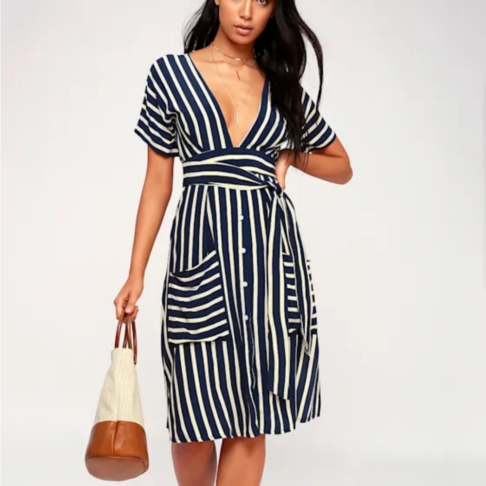 Faithfull The Brand Navy and White Striped V-Neck Dress
